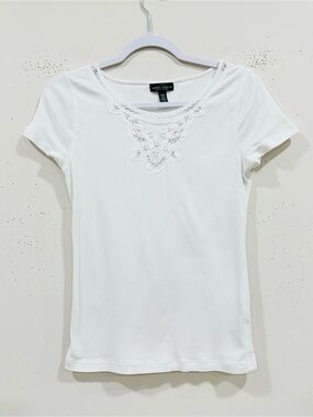 Lauren Jeans Co. Ralph Lauren White Cotton Lace V-Neck T-Shirt Top Women's M